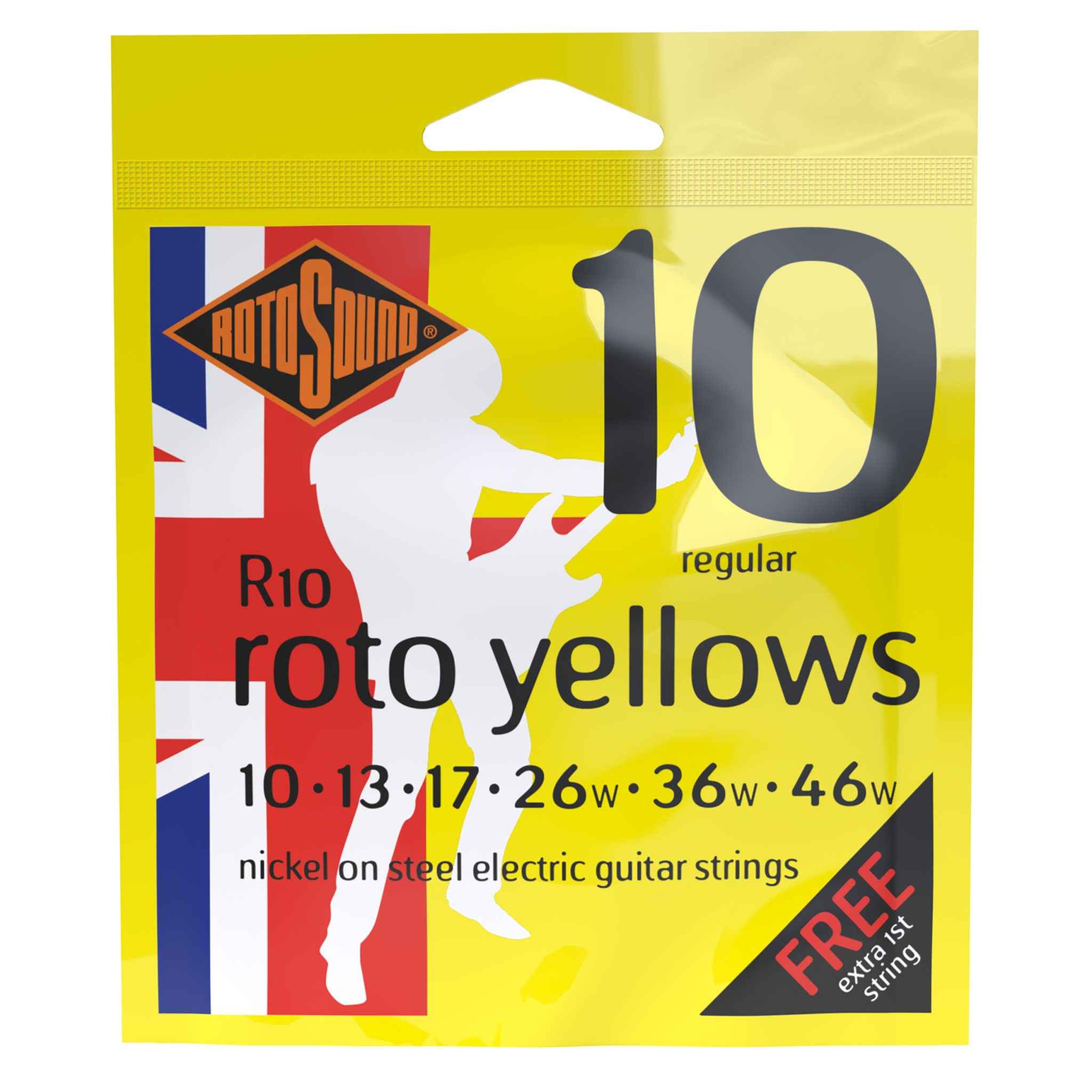 Un set de cuerdas de guitarra eléctrica Rotosound R10 roto yellows
 calibres 10 a 46.
